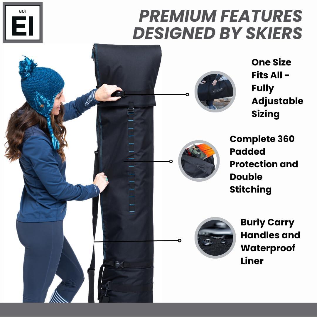 image:imageElement Equipment Padded Ski Bag Adjustable One Size Fits All Travel Ski BagBlackBlue